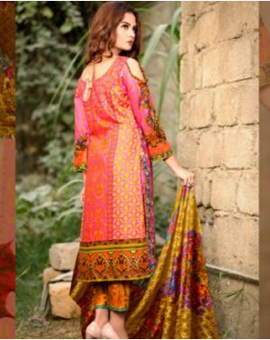Pink & Orange Italian Linen Unstitched 3Pcs Suit