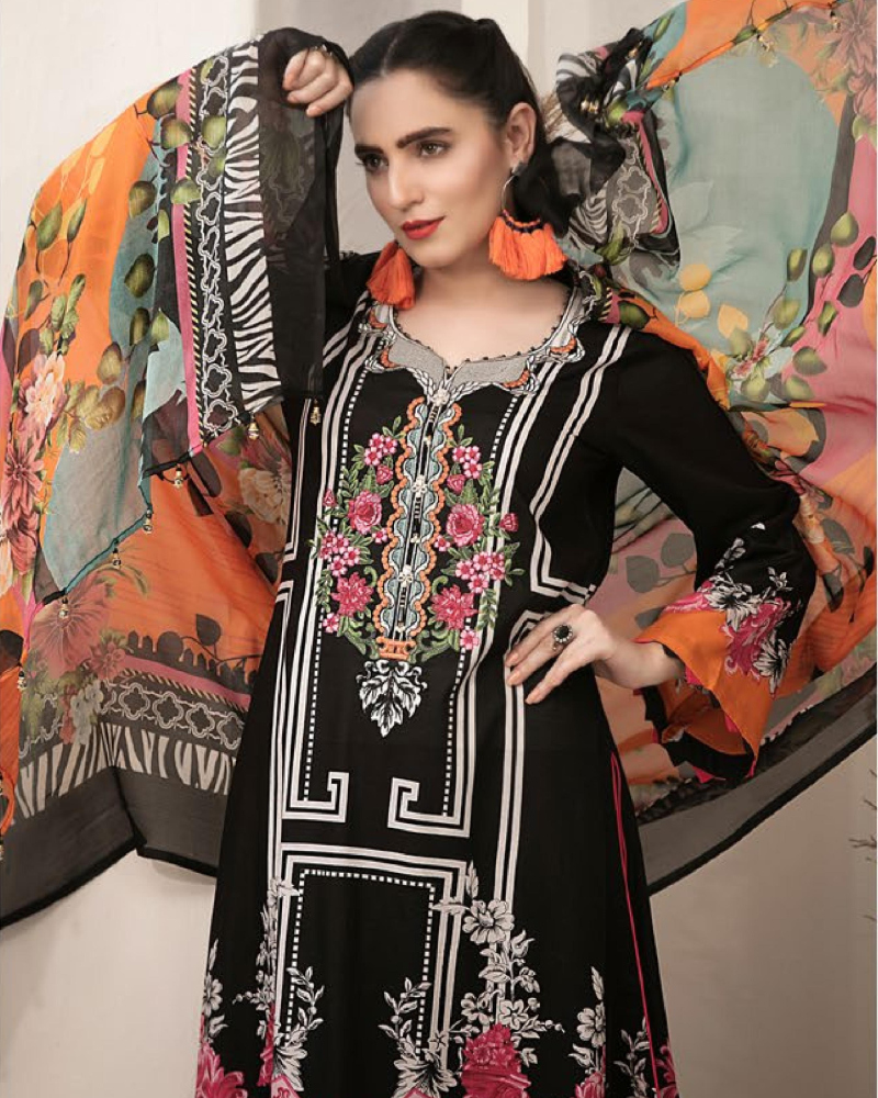 Renee Black Multi Color Embroidered Lawn By Amna Sohail - 01A